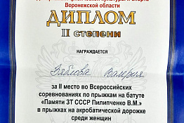 Студенты Николай Рожнов и Валерия Зяблова заняли призовые места на Всероссийских соревнованиях Памяти ЗТ СССР В.М. Пилипченко по прыжкам на батуте!