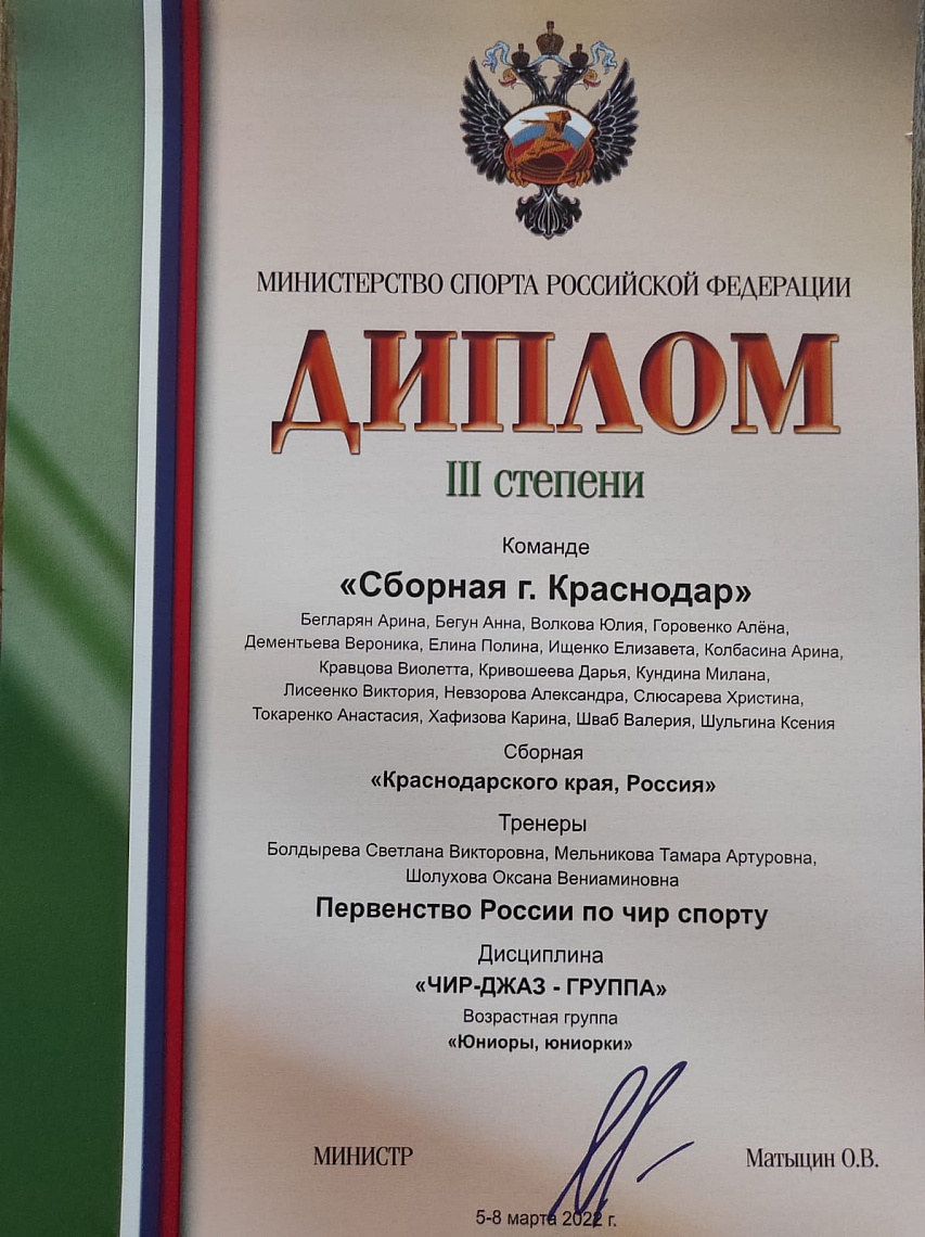 ПОЗДРАВЛЯЕМ! Студентка гуманитарного колледжа Елизавета Ищенко получила диплом III степени в составе сборной Краснодарского края в Первенстве России по чир спорту!